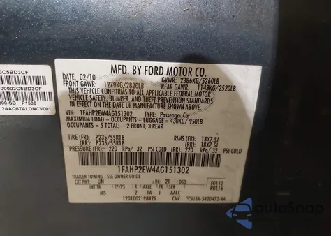 2010 Ford Taurus Sel из США, поврежденный, VIN 1FAHP2EW4AG151302